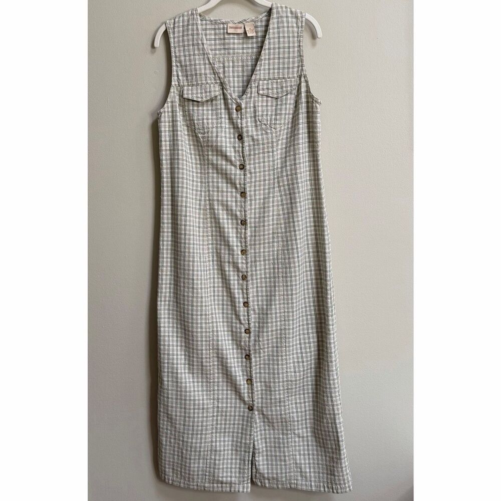 Crossroads Neutral Plaid V-Neck Sleeveless Chore Maxi Shirt Dress Size Medium